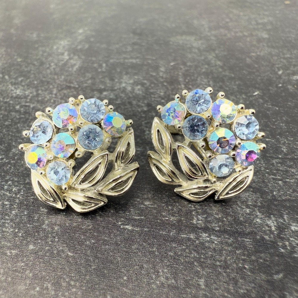 Vintage 1940s 1950s Lisner Aurora Borealis Smoky Rhinestone Screw-Back Earrings